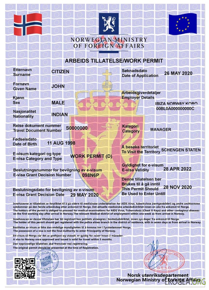 Permis de travail NORVÈGE, visa électronique